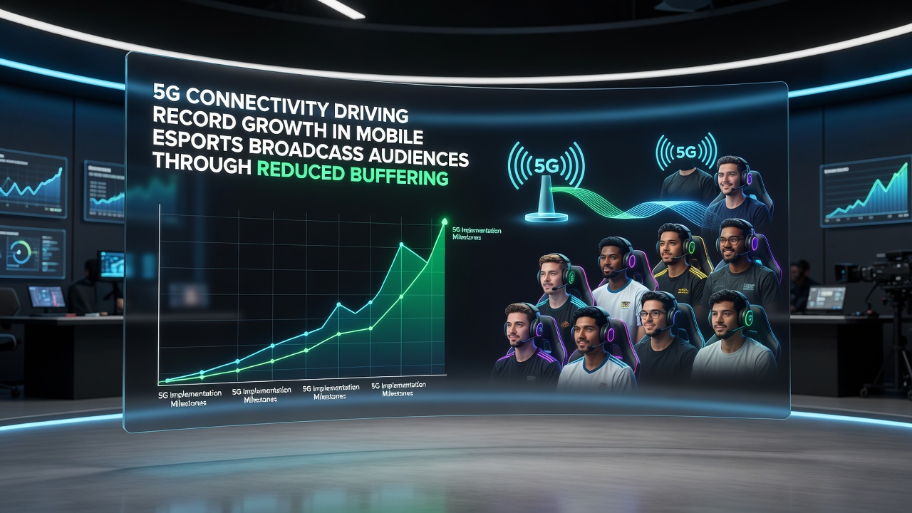 Mobile viewers watching esports tournaments on 5G-enabled devices during a large outdoor event
