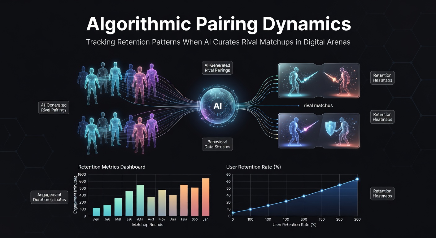 AI-driven matchmaking dashboard displaying real-time rival pairings and retention metrics in an esports arena