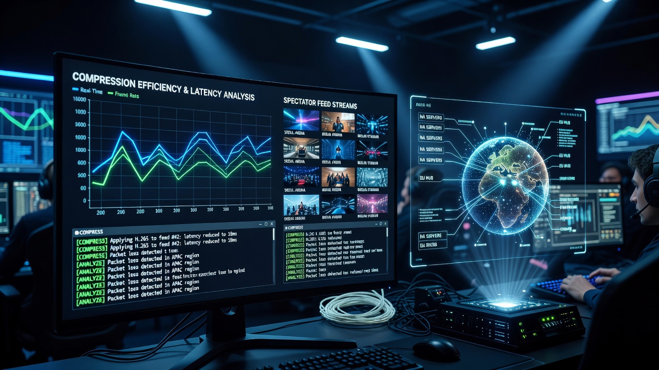 Diagram showing data compression pipeline for esports spectator streams with codec comparisons