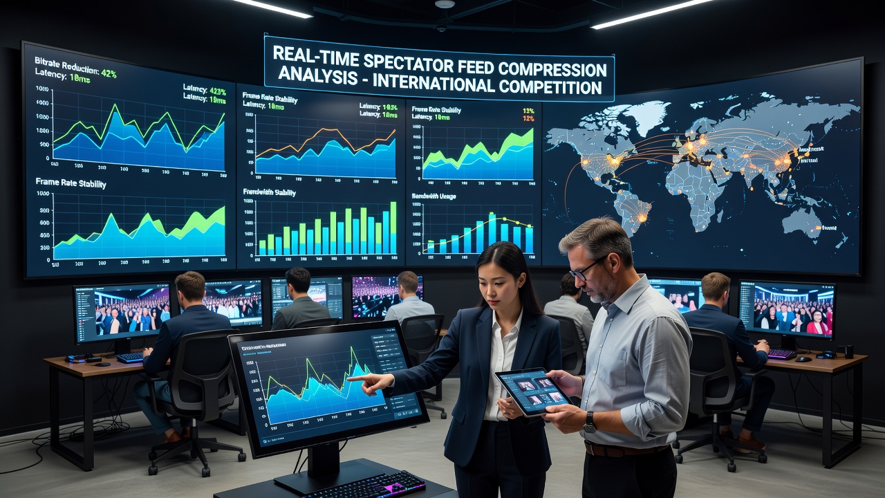 Live production control room monitoring compressed esports spectator feeds on multiple displays