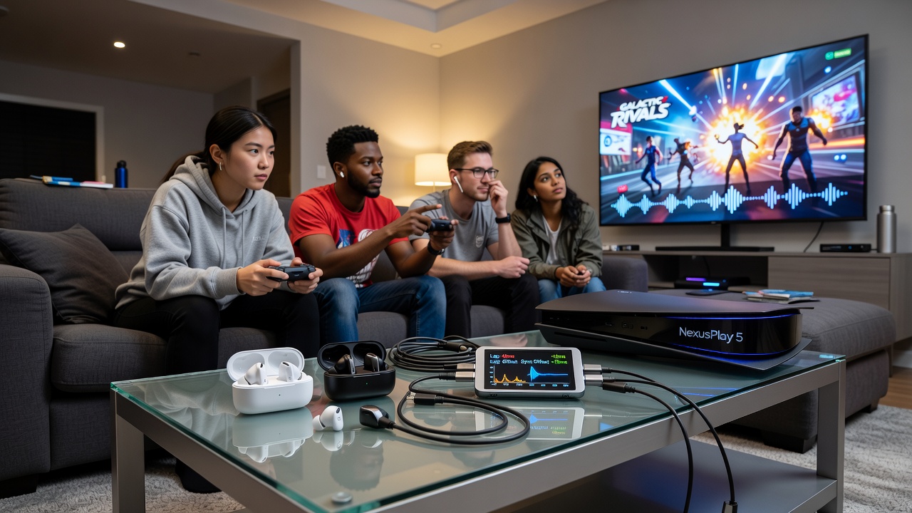 Wireless earbuds paired with gaming consoles in a living room setup showing multiple players