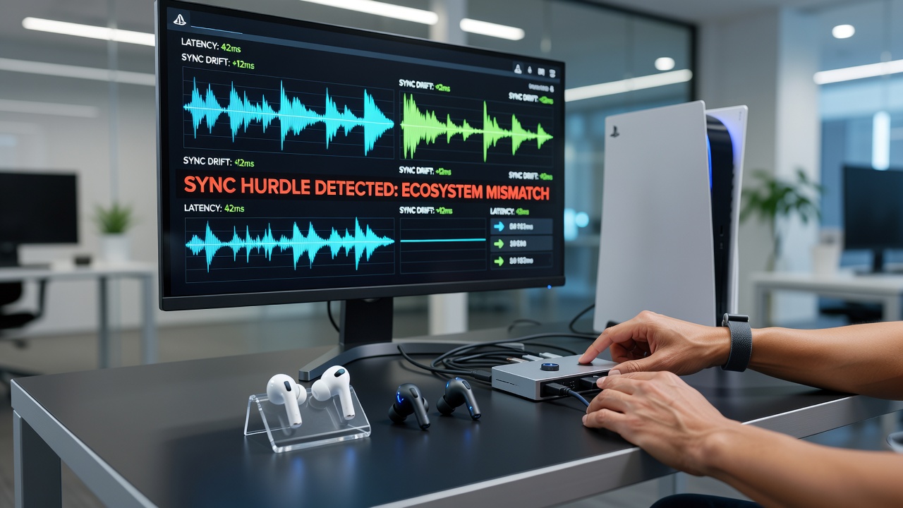 Close-up of console audio settings menu alongside wireless earbud pairing indicators