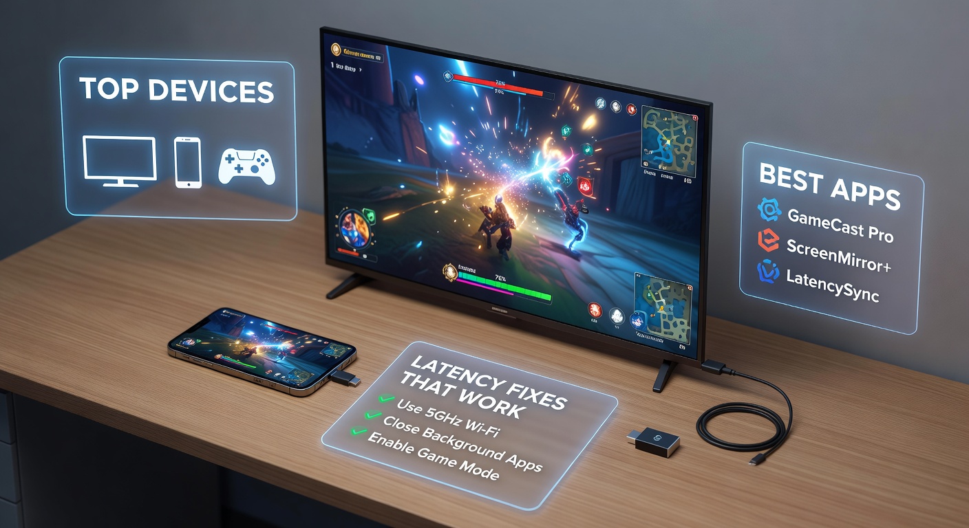 Smartphone screen mirroring a fast-paced mobile game onto a large TV display, showing seamless gameplay with minimal lag