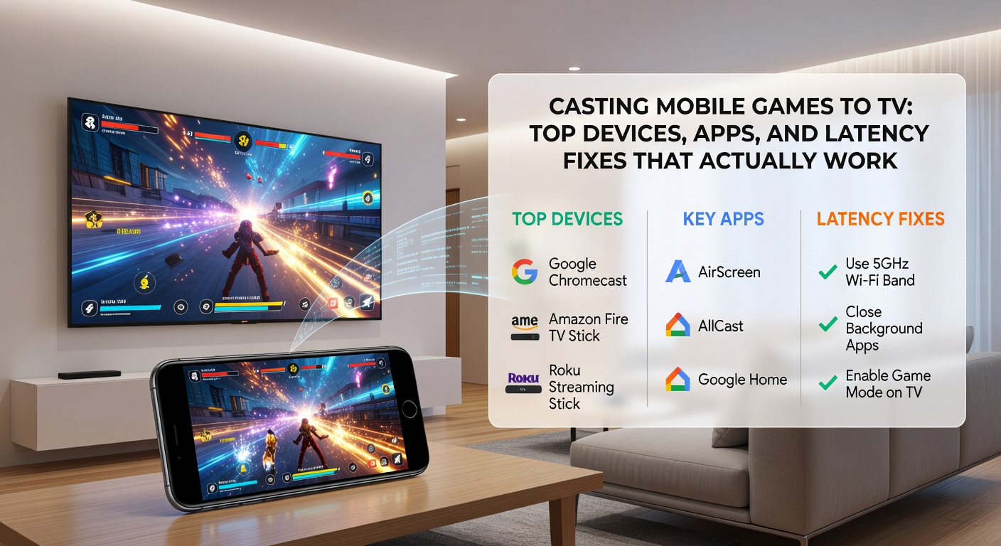 Side-by-side comparison of casting apps on a phone interface, highlighting low-latency options for mobile-to-TV gameplay