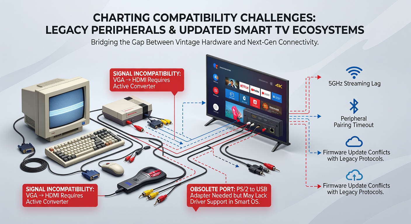Technician testing multiple legacy peripherals including keyboards and controllers on a 2026 smart TV setup