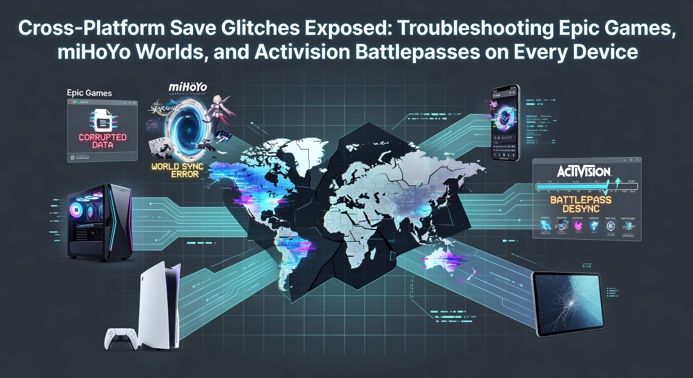 Illustration of a gamer frustrated with cross-platform save sync failure across phone, PC, and console screens