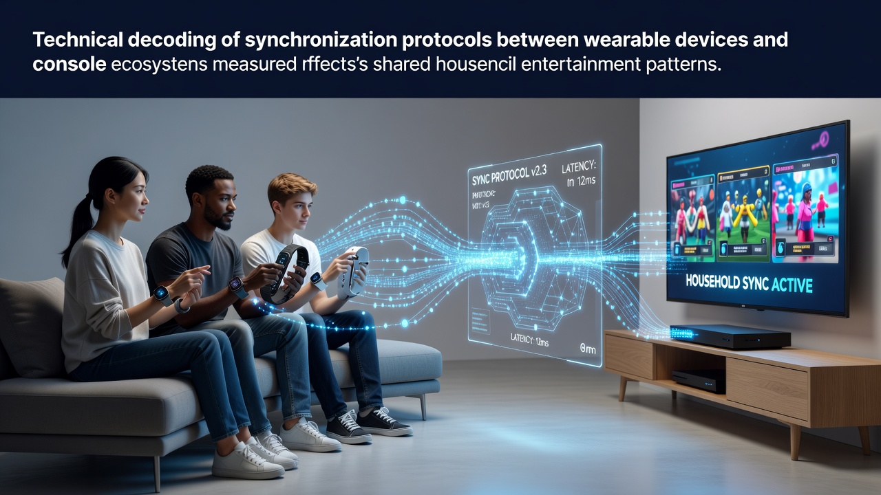 Wearable devices syncing with console controllers during a family gaming session in a living room setup