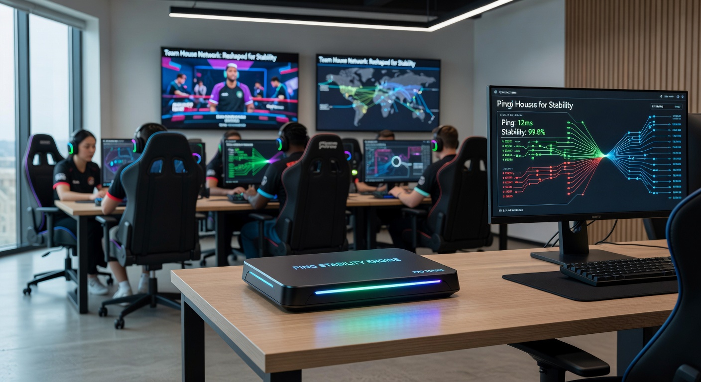 Professional esports team house setup featuring dedicated gaming routers connected to multiple high-end gaming PCs and consoles in a modern training facility
