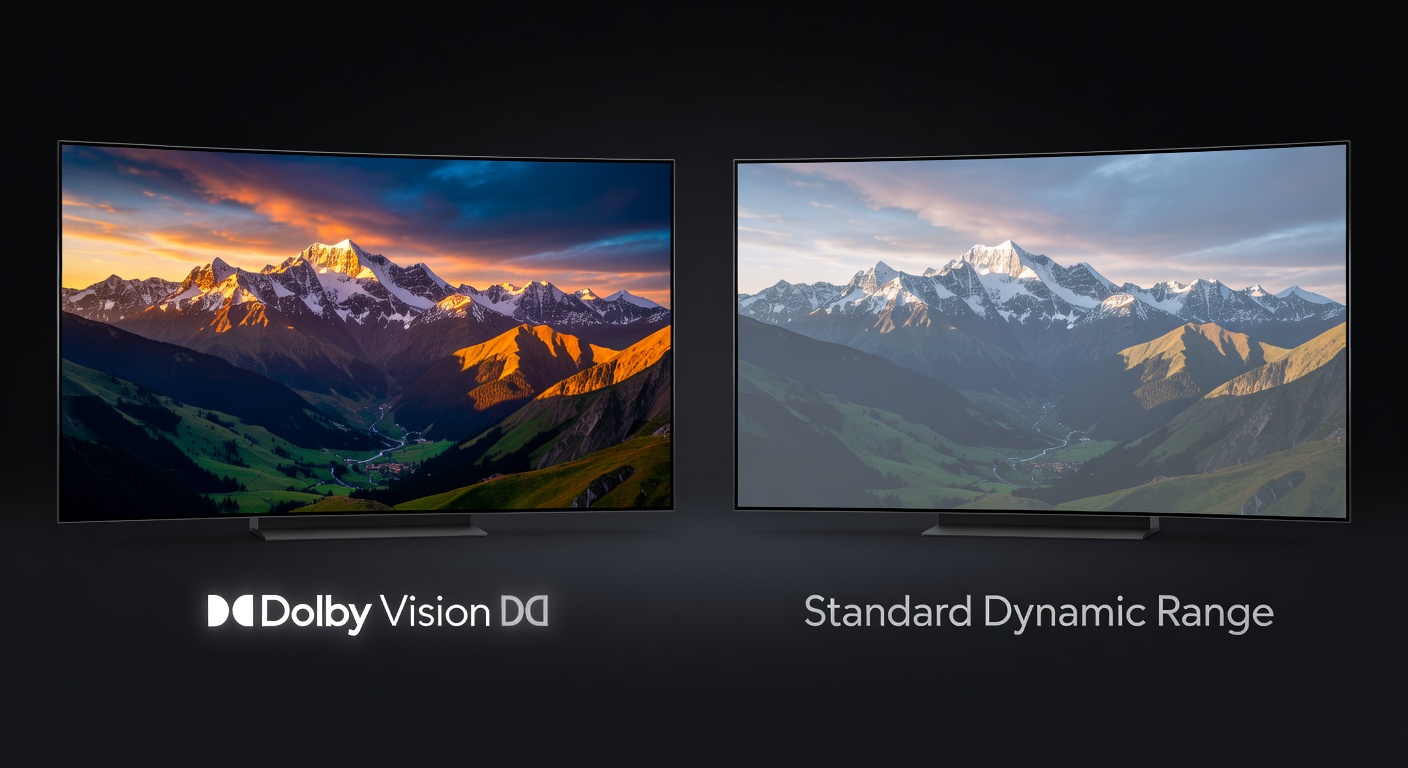 Side-by-side comparison of Dolby Vision and HDR10+ scenes on a modern OLED TV displaying vibrant colors and deep blacks