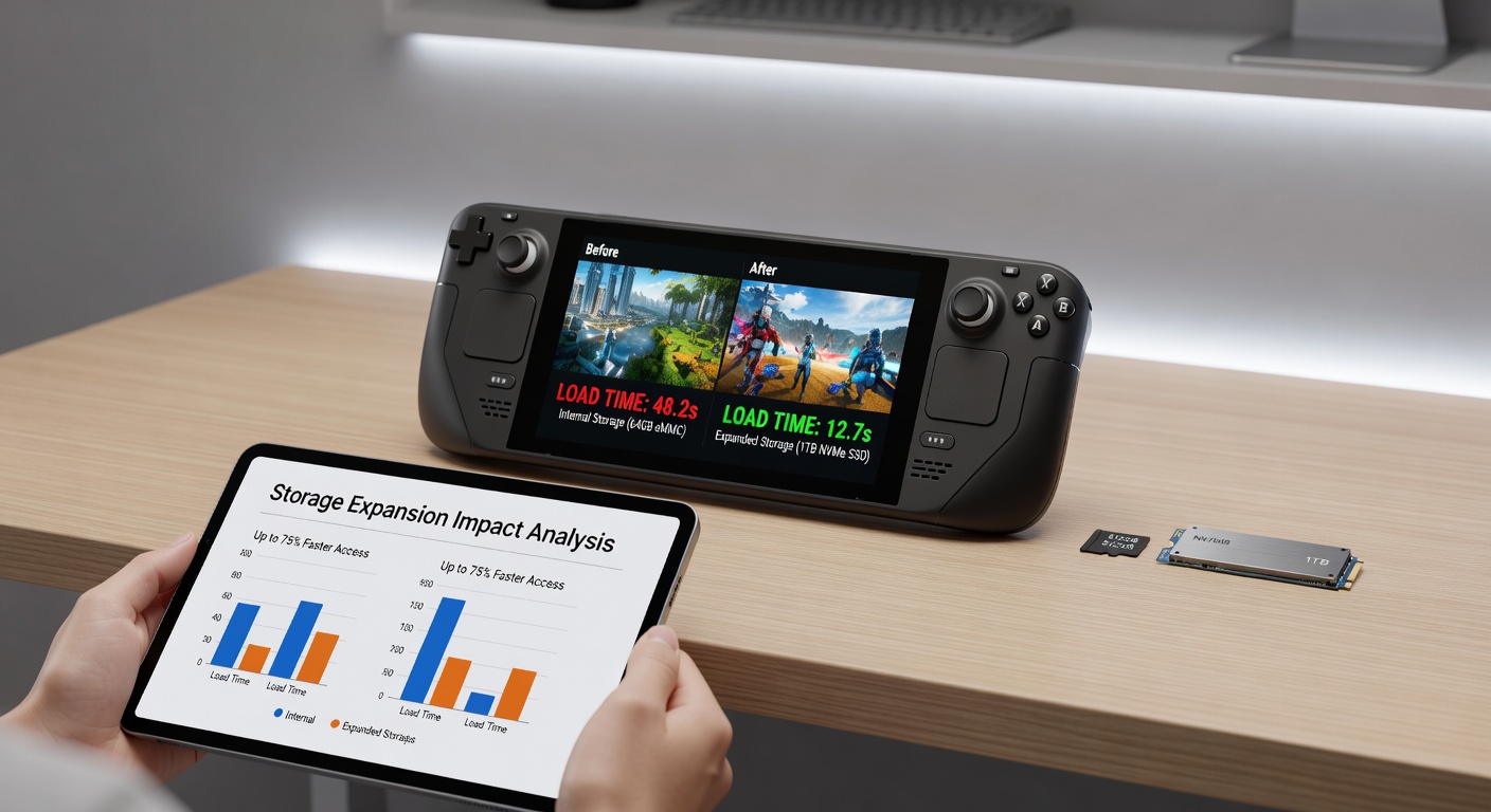 Handheld gaming devices showing storage expansion hardware options including microSD cards and SSD modules