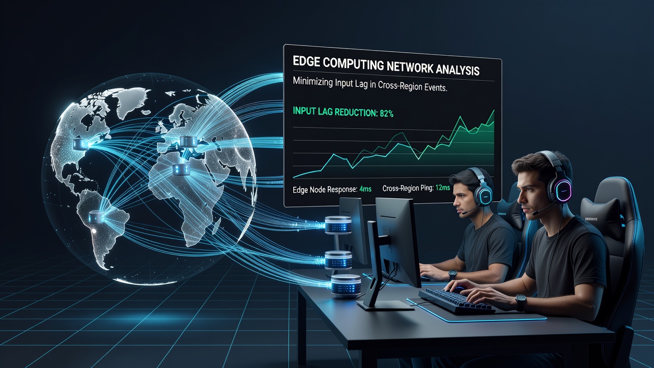 Edge computing servers processing gaming data near competition venues to reduce latency in international esports matches