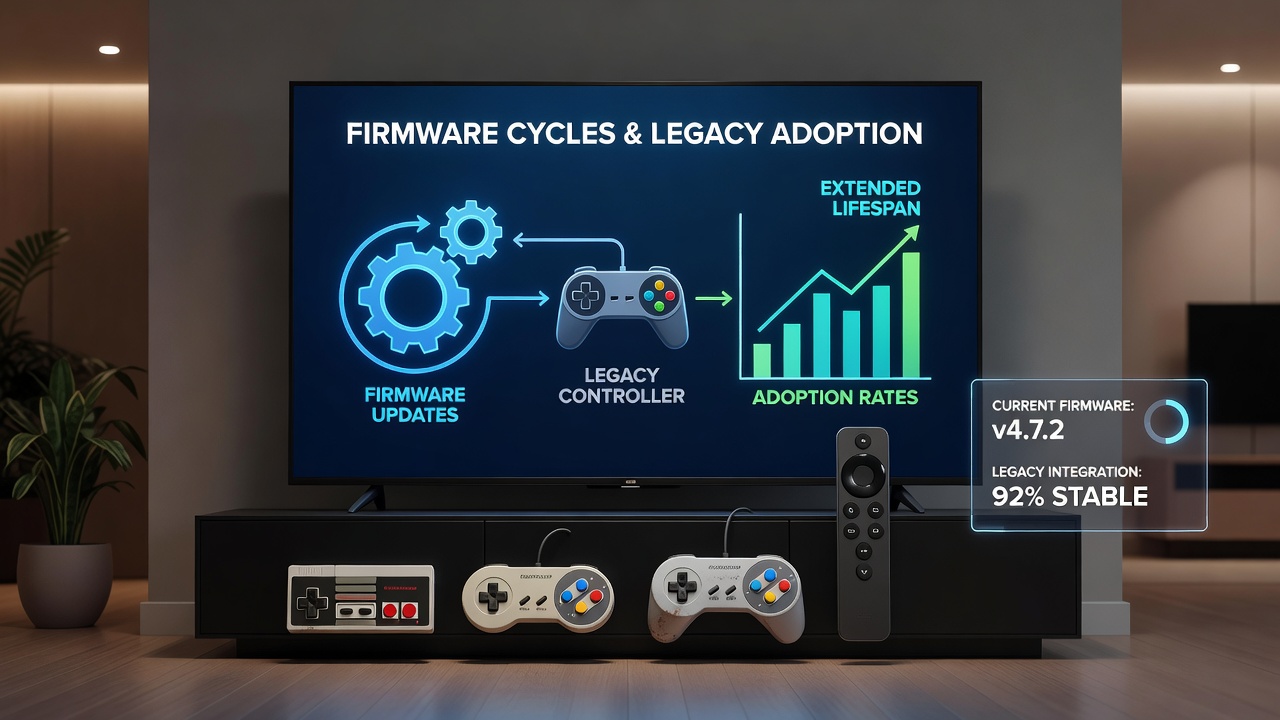 Compatibility testing setup showing multiple controllers linked to a central entertainment hub