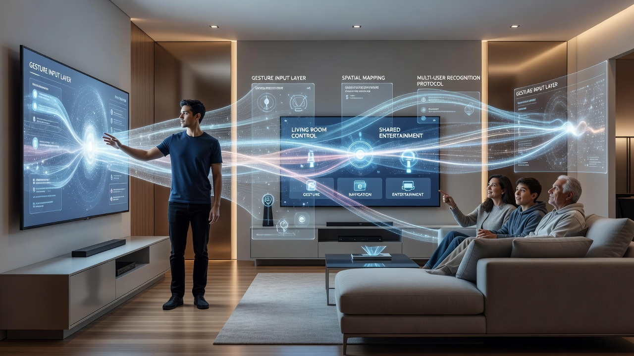 Group of people in a living room using hand gestures to interact with a large television screen displaying an entertainment interface