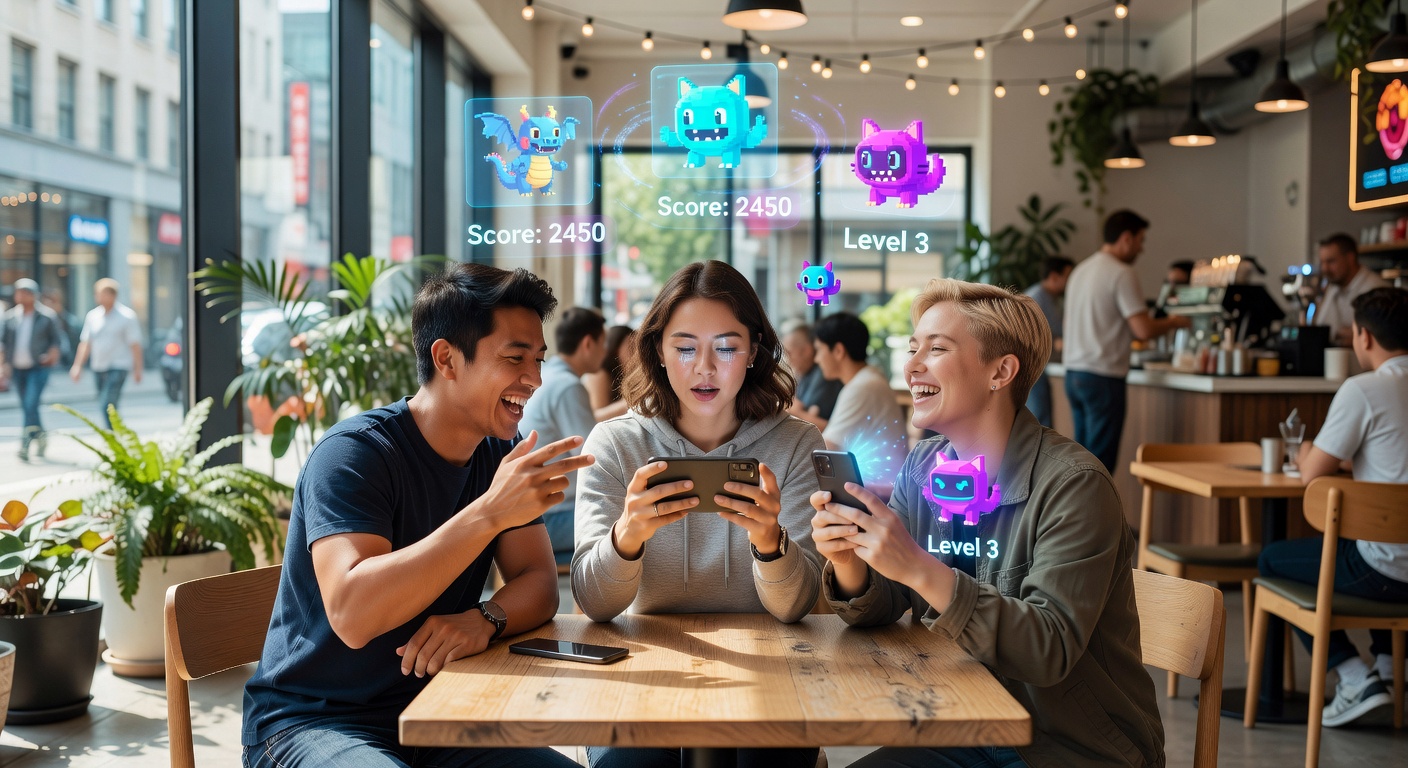 Mobile device displaying augmented reality filters overlaid on a living room gaming session