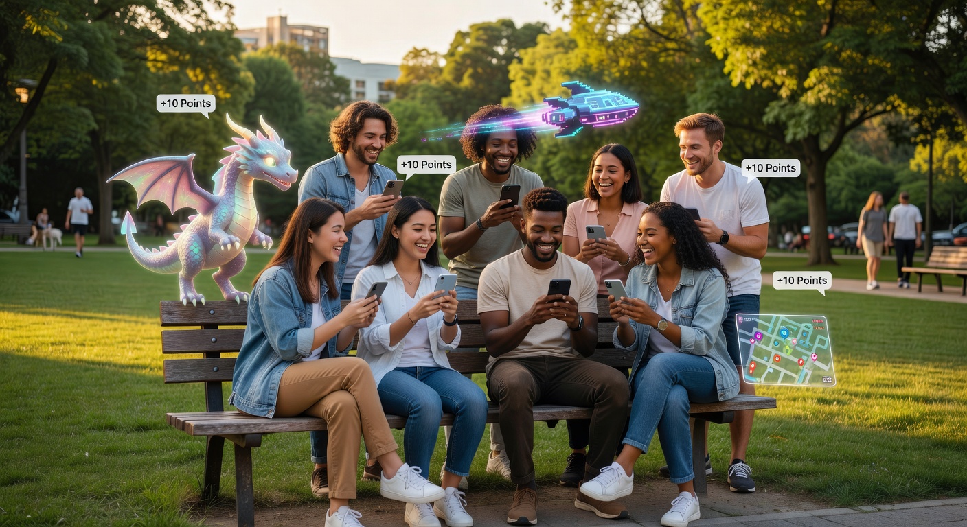 Group of friends using augmented reality filters for mobile gaming in a park setting
