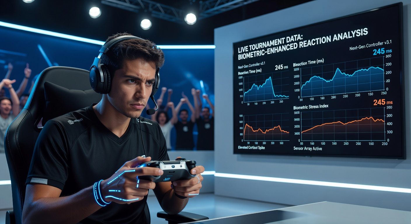 Biometric sensors embedded in next-gen esports controllers capturing real-time physiological data during tournament play