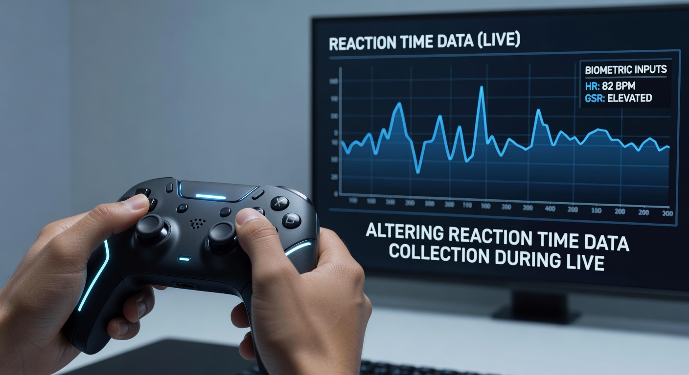 Live tournament setup showing biometric controller data feeding into analysis dashboards during an esports match