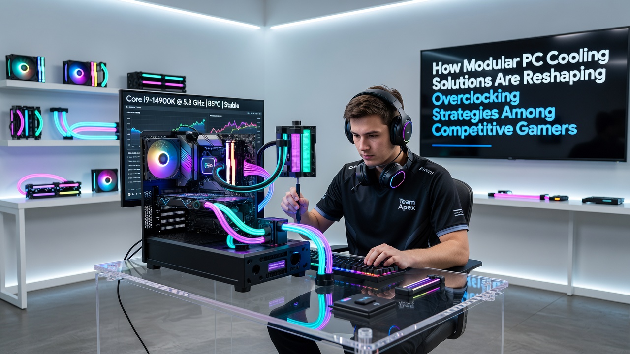 Close-up of modular radiator and pump assembly during an overclocking session at an esports venue