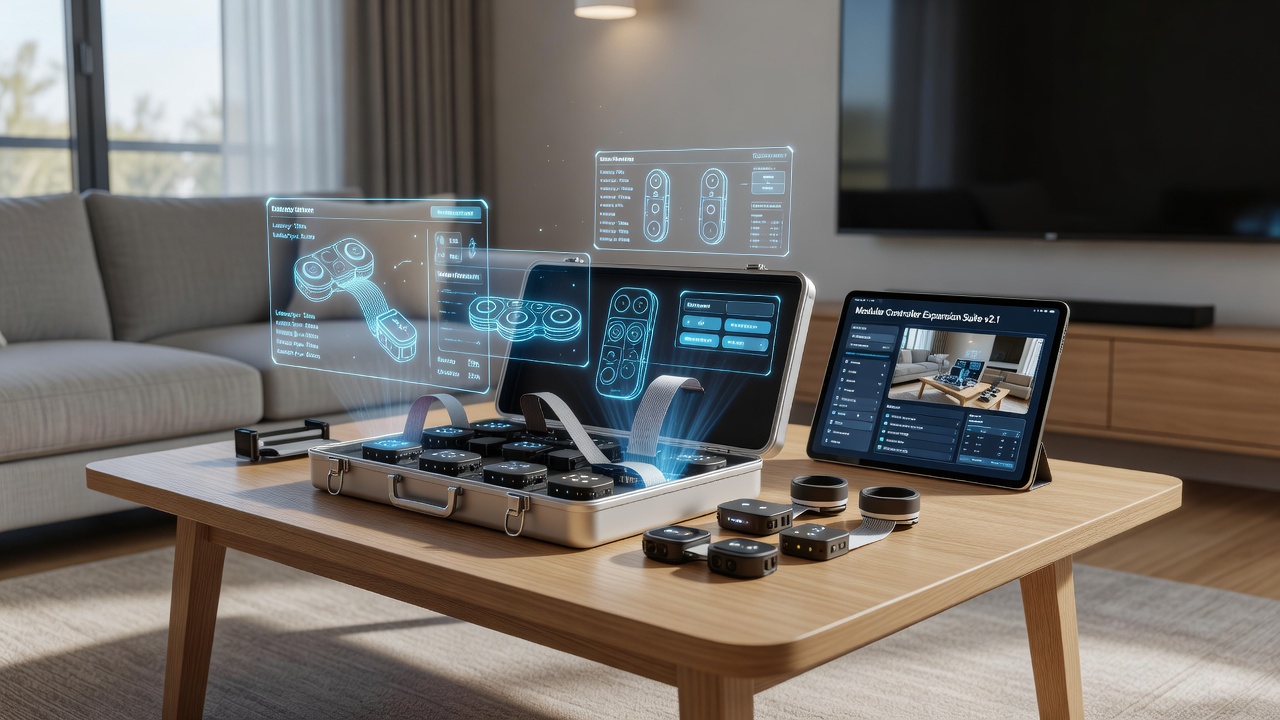 Close-up view of modular controller attachments including depth sensors and wireless modules next to a living room entertainment center