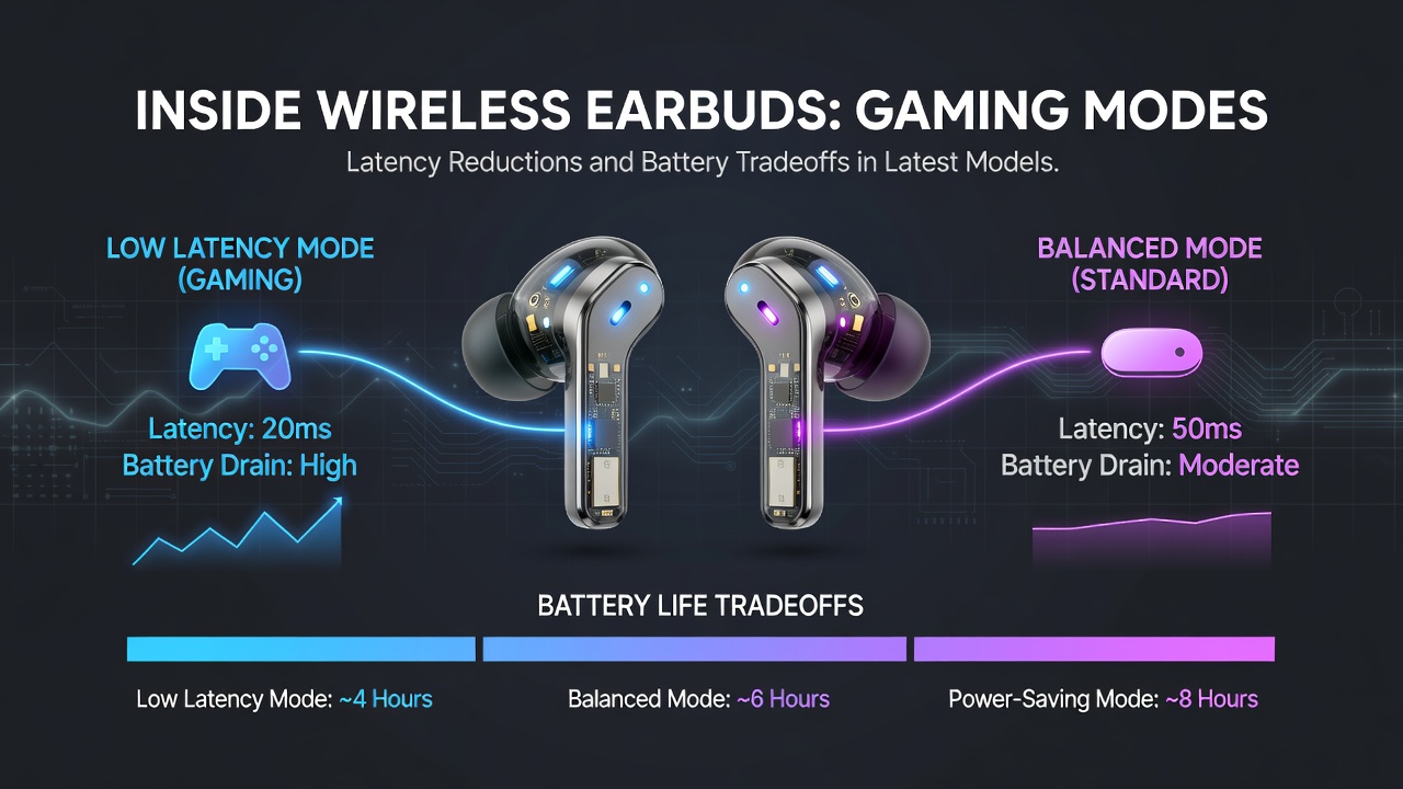 Close-up of earbud battery graphs and latency test results displayed on a monitoring screen