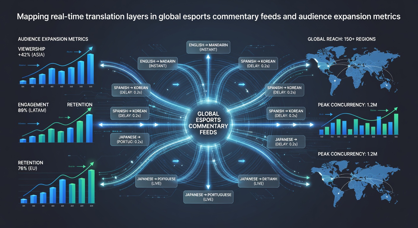 Real-time translation layers overlaid on an international esports broadcast feed showing multilingual commentary options