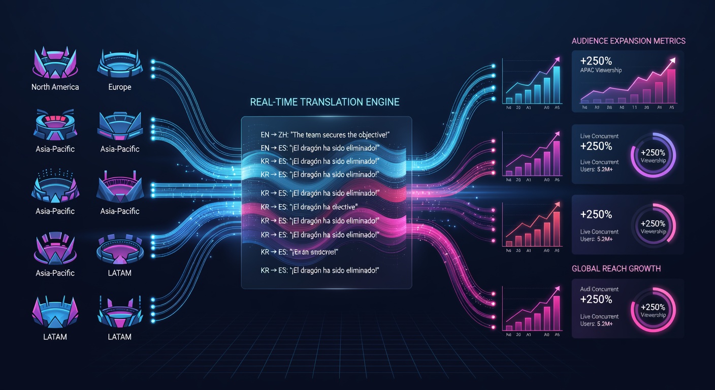 Dashboard displaying audience expansion metrics segmented by language track during a global esports event