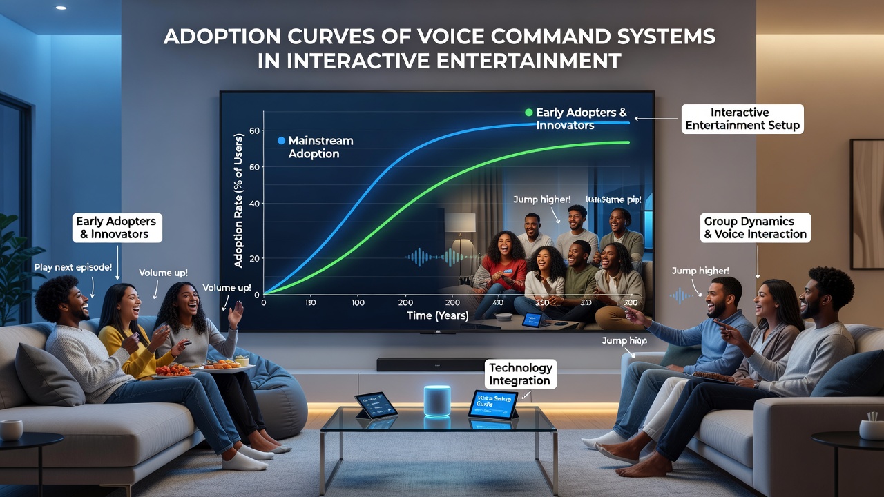 Voice command systems integrated into living room entertainment setups during group viewing events