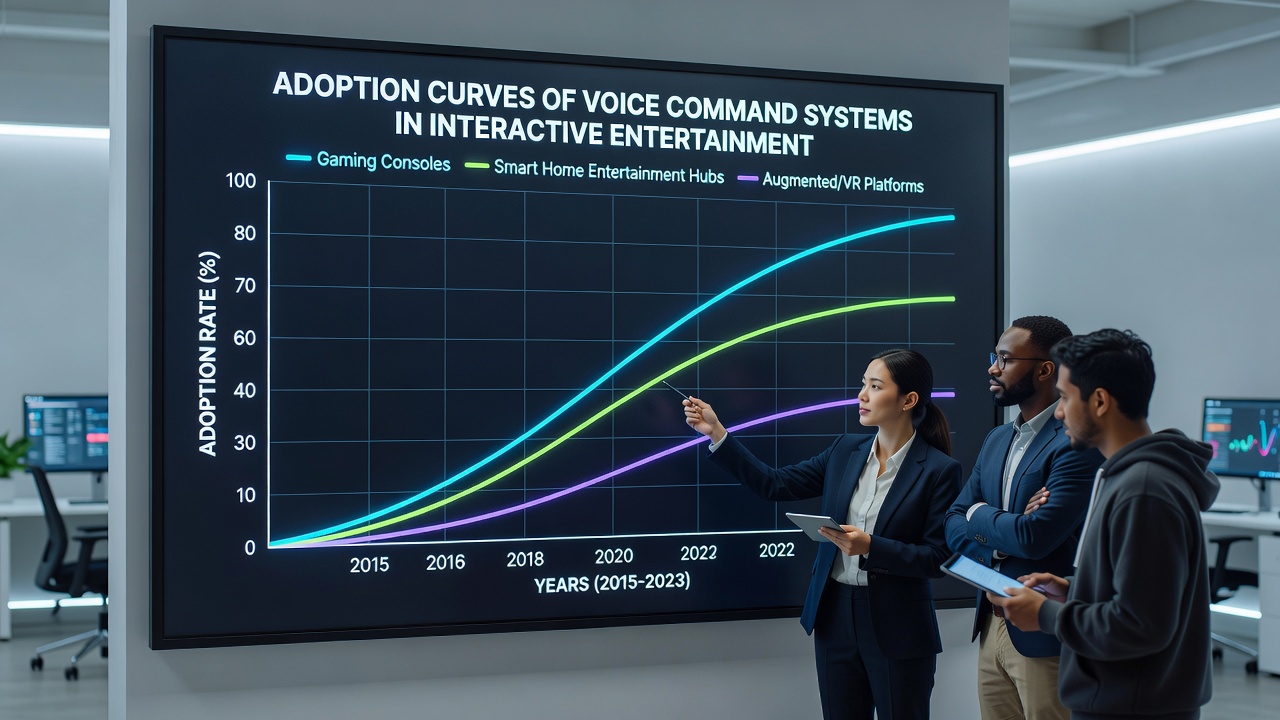 Group of viewers interacting with voice commands on a large screen during an entertainment session