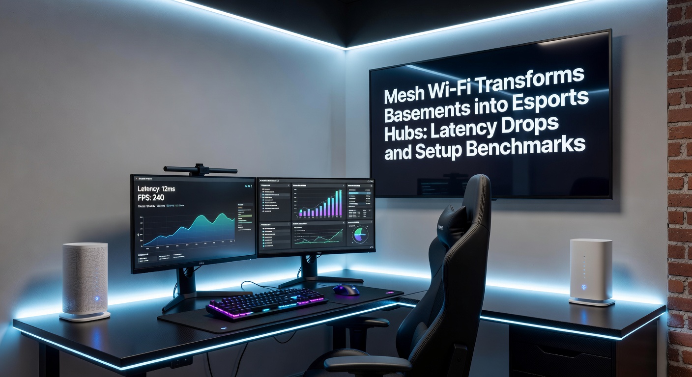 Mesh Wi-Fi nodes strategically placed in a dimly lit basement gaming setup, surrounding high-end PCs and monitors with glowing RGB lights