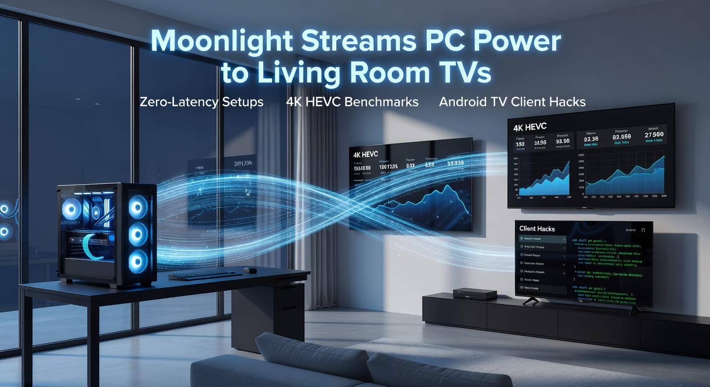 Moonlight streaming interface displaying a PC game on a large living room TV screen with controller input visible