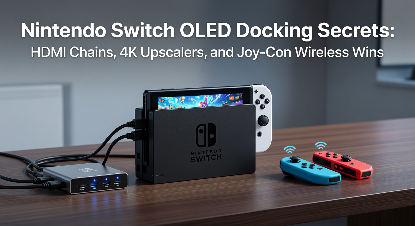Nintendo Switch OLED console docked to a TV with visible HDMI chain setup and 4K upscaler device connected
