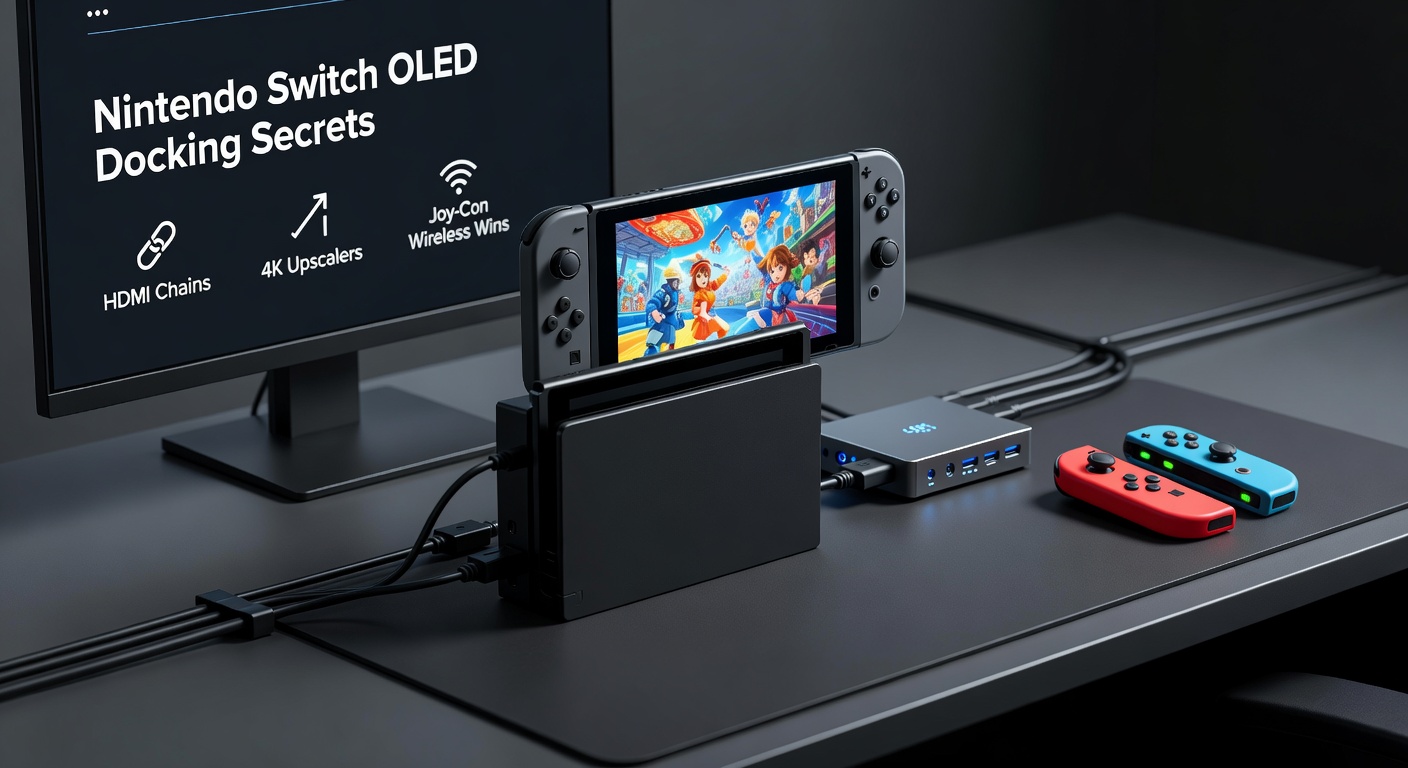 Close-up of Joy-Con controllers in wireless docked mode with signal strength indicators and upscaler output on a 4K display