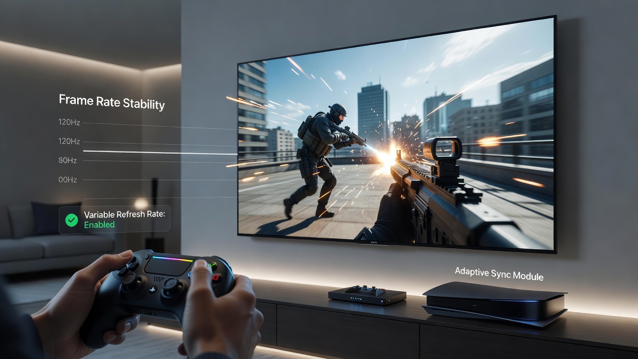 Television displaying fast-paced gaming action with smooth motion during high-intensity sequences enabled by adaptive refresh rates