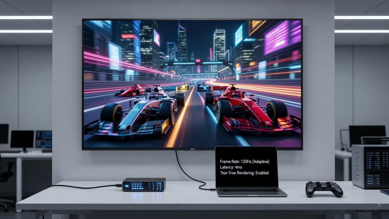 Close-up of a gaming television screen showing fluid motion in an action sequence with adaptive refresh rate engaged