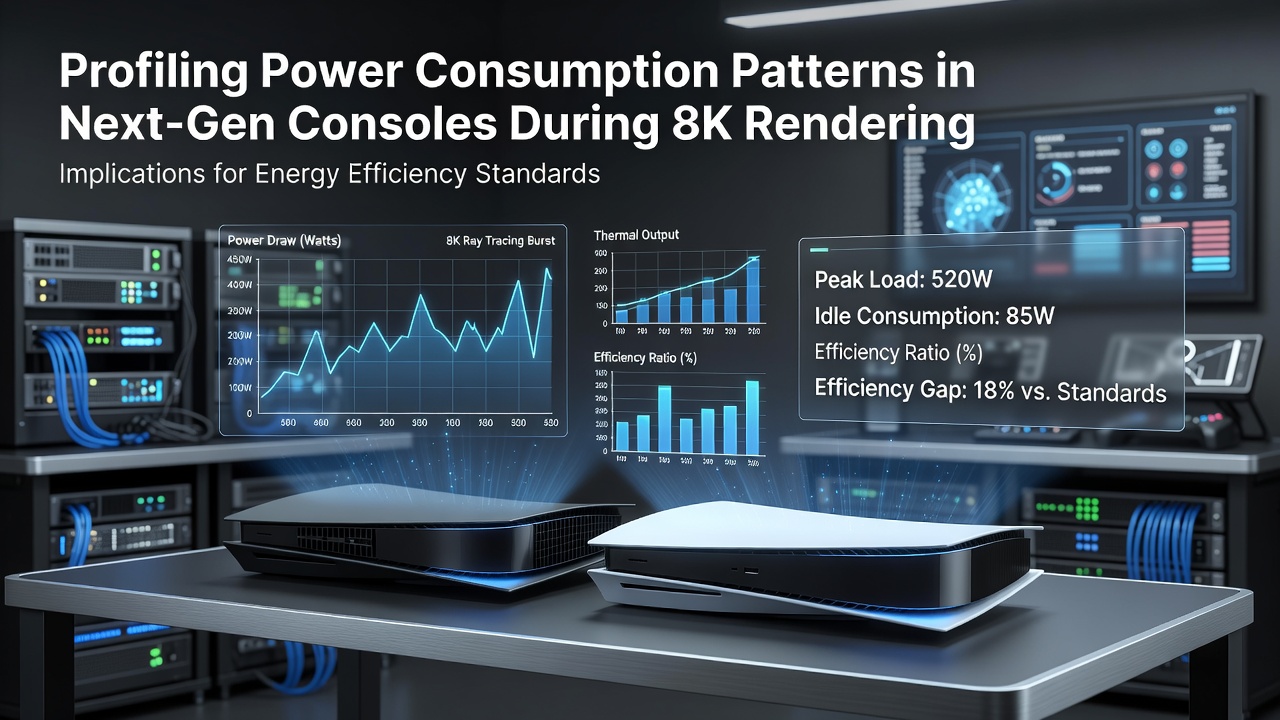 Detailed power measurement setup monitoring next-generation console energy draw during 8K rendering workloads