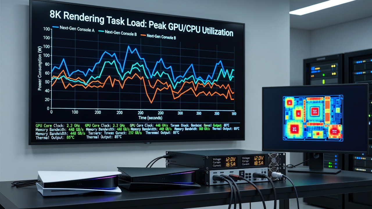 Graphical analysis of power consumption curves comparing 4K and 8K rendering sessions on next-generation consoles