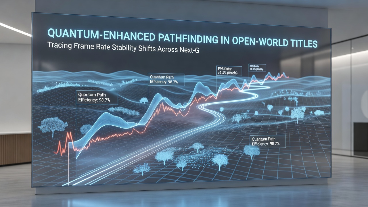 Console frame rate graphs comparing quantum pathfinding versus classical methods in open-world scenarios