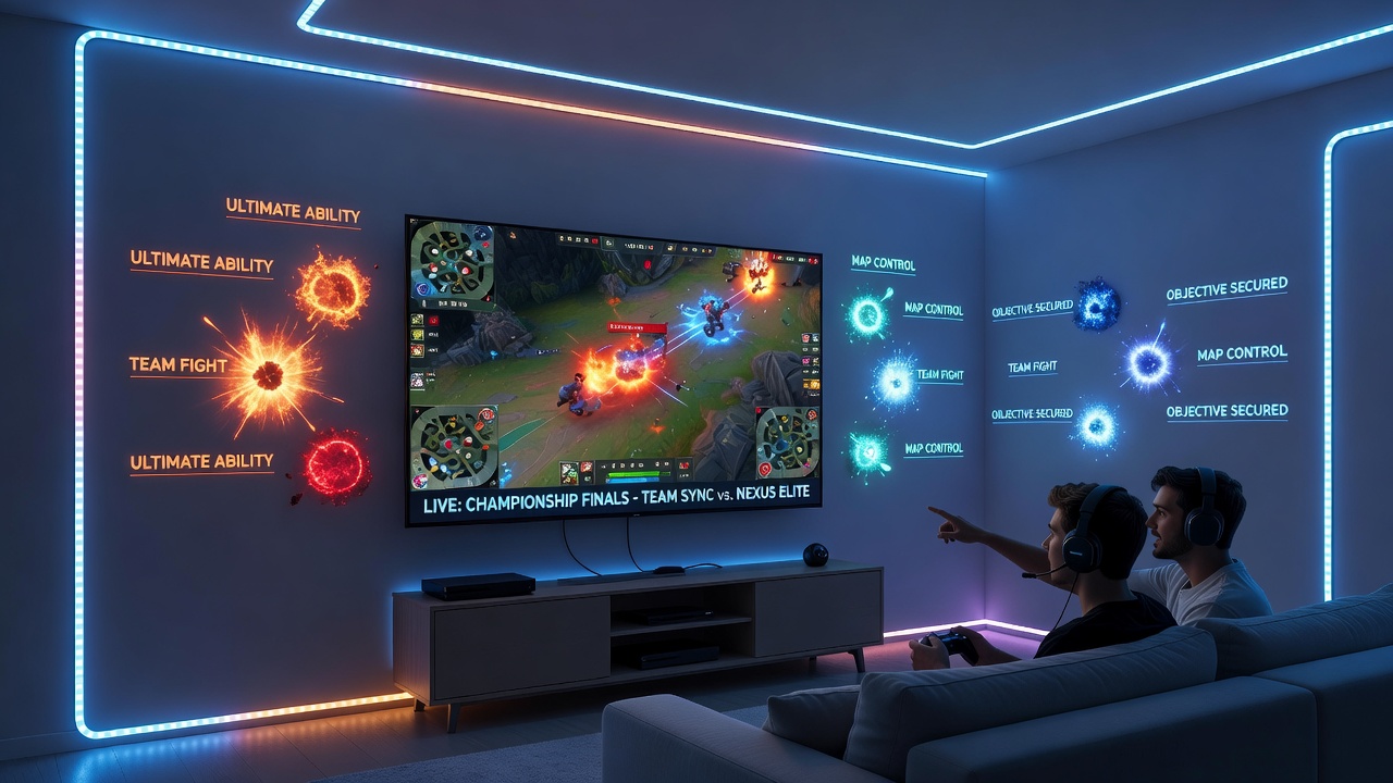 Multiple smart bulbs and LED strips arranged around a television displaying a competitive match with synchronized color changes