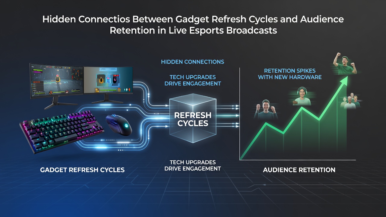Esports broadcast setup showing multiple high-refresh-rate monitors displaying live tournament action with viewer metrics overlaid