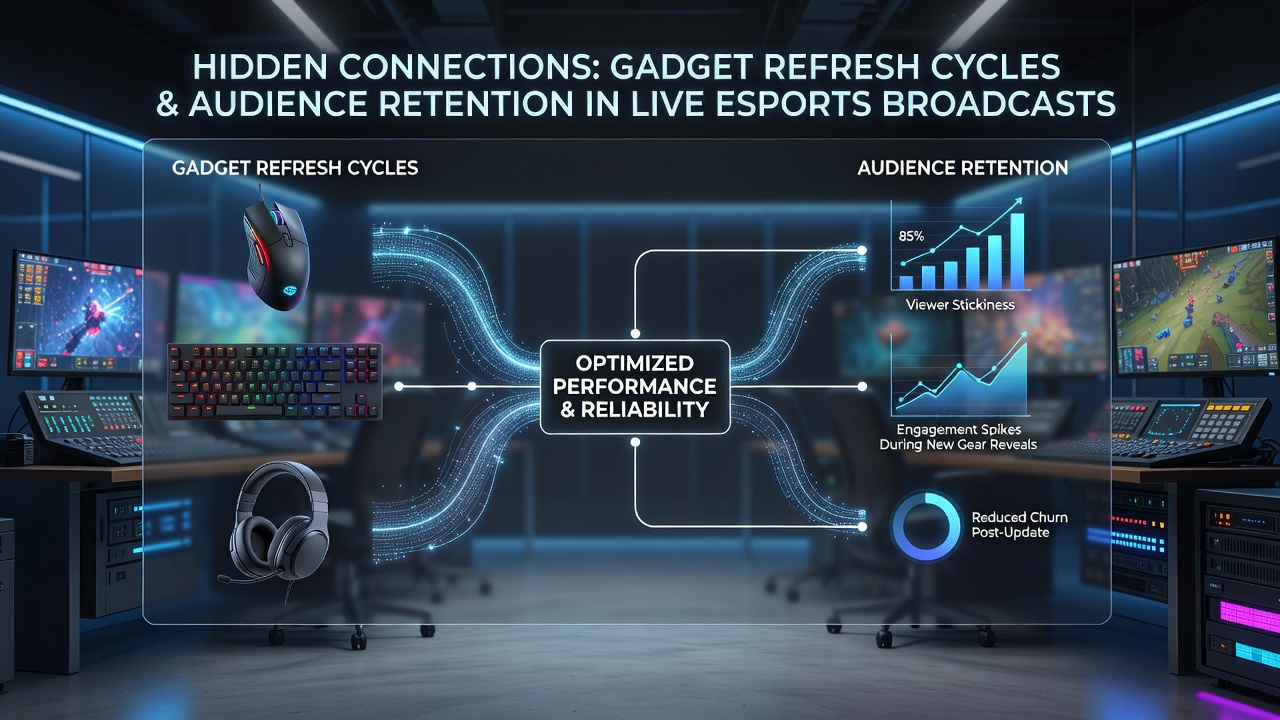 Audience retention graph overlaid on a live esports stream with annotations showing gadget upgrade correlation points