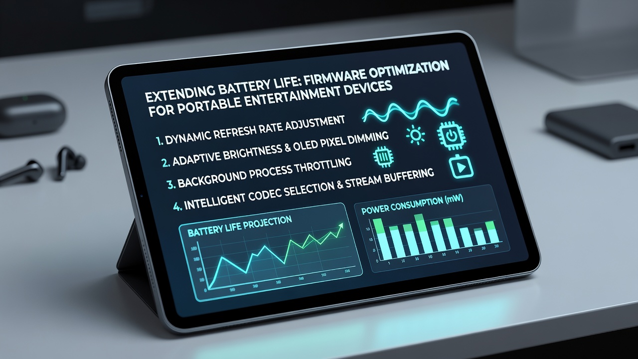 Portable entertainment device displaying optimized firmware settings for extended viewing with battery metrics overlay